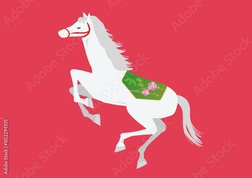 年賀状 デザイン用　後ろ足で立つ白い馬のイラスト