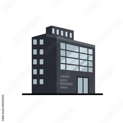 Modern dark grey building exterior with glass windows and a flat roof design, concept for office space, urban development and architectural visualization