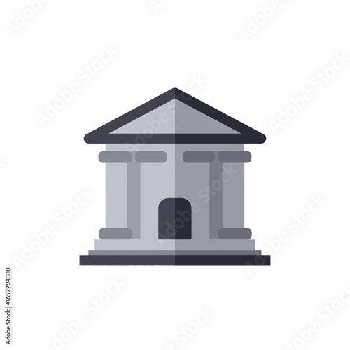 Symmetrical building icon with triangular roof, columns and steps in grey shades, concept for financial institution emblem, governmental office symbol and historical landmark representation