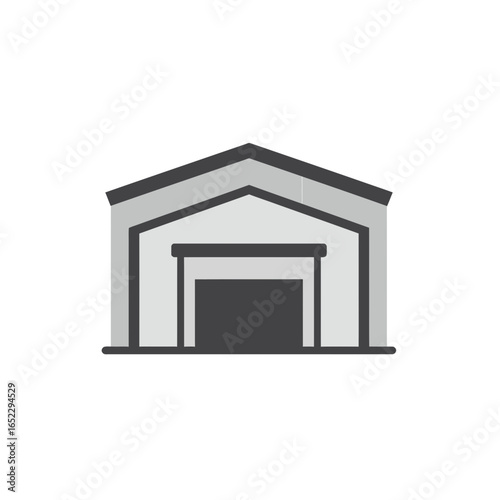 Simple flat vector illustration of a gray storage warehouse with a closed door, concept for logistics hub design, commercial property marketing, and real estate presentation