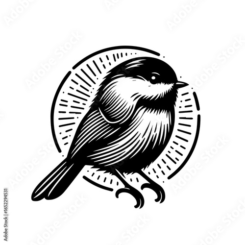 Illustration of a chickadee perched, isolated on white background