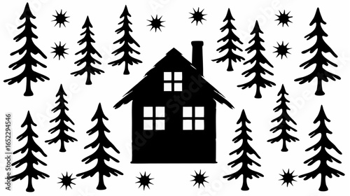 Illustration of a silhouette house with a chimney surrounded by trees and stars in black and white style