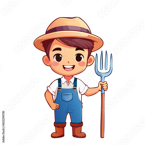 Farmer man vector illustration in cartoon style. Cute farm worker character wearing hat and holding pitchfork