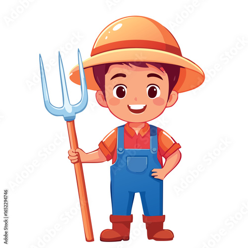 Farmer man vector illustration in cartoon style. Cute farm worker character wearing hat and holding pitchfork
