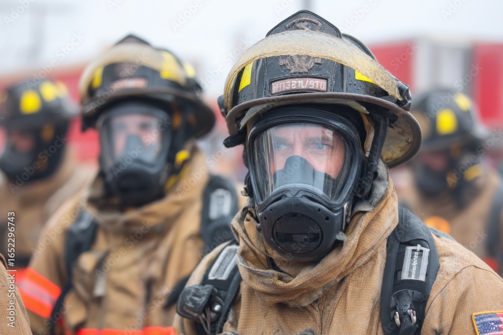 Naklejka premium Firefighters equipped with breathing masks and uniforms ready for a training drill, focused and alert in a smoky setting Generative AI
