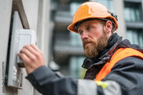 A construction worker with a hard hat interacts with an intercom at a building site on a sunny day, ensuring secure access Generative AI