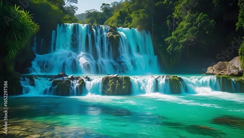 Majestic multi tiered waterfall in lush tropical rainforest