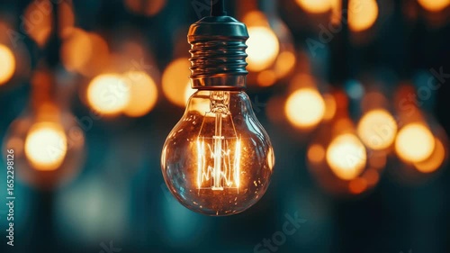 Luminous bulb in a group of others, highlighted by its glow.