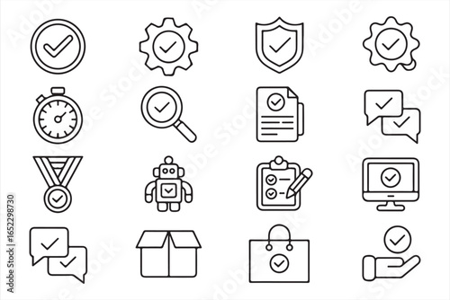 Business Quality Assurance Icons Set, Vector Line Symbols for Certification, Guarantee, Approval, Verified, Customer Service, Online Shopping, Secure Payment, Trust and Reliability