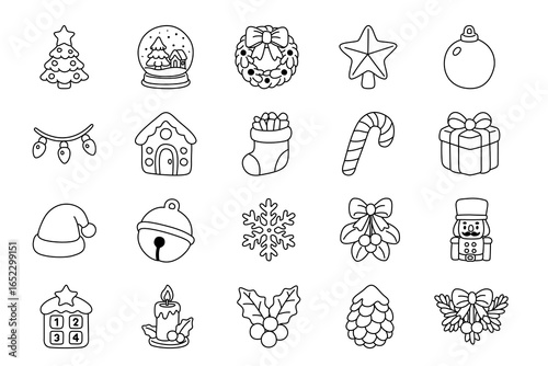 Collection of 20 cute hand drawn Christmas icons in a simple black line style Perfect for holiday cards invitations website design or any festive project These charming icons feature classic Christmas