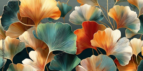 Premium Minimal Botanical Beauty Background with Botanical Touch Colorful ginkgo leaves arranged in a vibrant, artistic pattern.