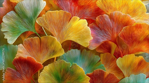 Premium Minimal Botanical Beauty Background with Botanical Touch Vibrant ginkgo leaves in orange, yellow, and green create a stunning autumn backdrop.