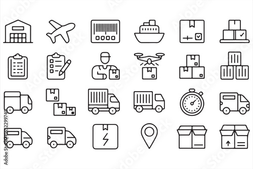 Freight, Storage, and Supply Chain Outline Icon Set
