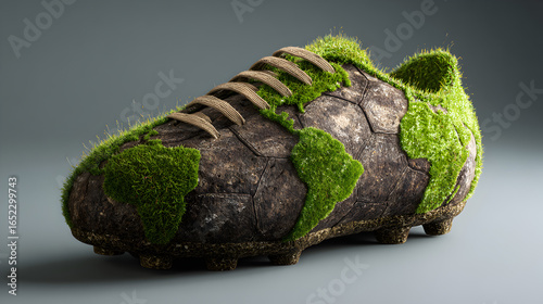 A soccer cleat with a world map design covered in green moss and brown laces on a gray background studio shot