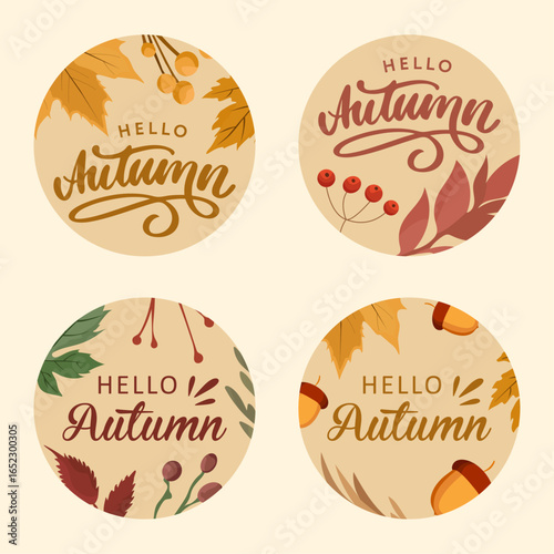 Round fall stickers Hello autumn with cozy vibrant plants and leaves