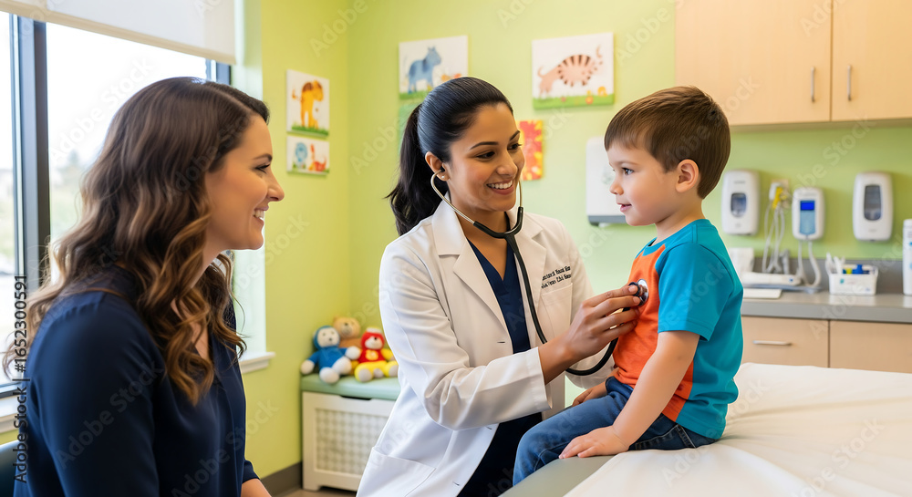 A smiling female doctor talks with a woman and her child in a hospital office A smiling female doctor talks with a woman and her child in a hospital office