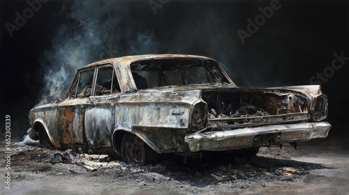Burnt old car with smoldering remains and rusted metal frame in dark background, showing detailed texture of fire damage and destruction in hyper realistic style