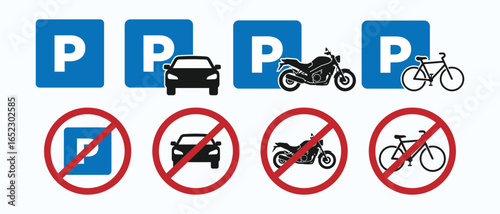 traffic signs indicating parking availability and prohibitions for cars, motorcycles, and bicycles, presented on a white background.