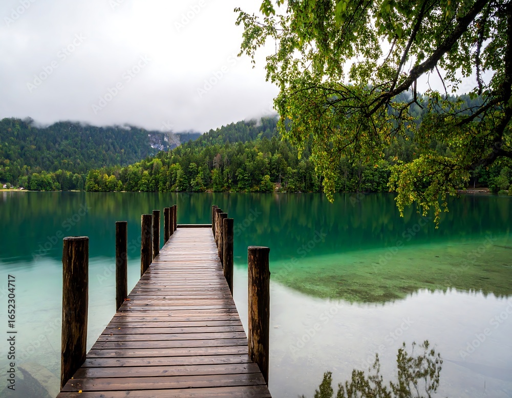 Naklejka premium Lakeside wooden dock extends to a tranquil lake