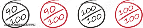 Hand drawn score stamp icons showing 90 out of 100 and 100 out of 100 marks. Graded circle percentage symbols for evaluation, rating, and achievement design. Vector sketch style illustration.