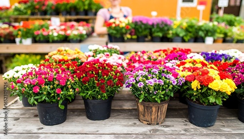 Wallpaper Mural Vibrant multicolored flowers in pots displayed on a wooden surface Torontodigital.ca