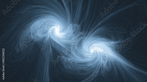 Two supermassive black holes in a cosmic dance, connected by energy streams across vast interstellar distance
