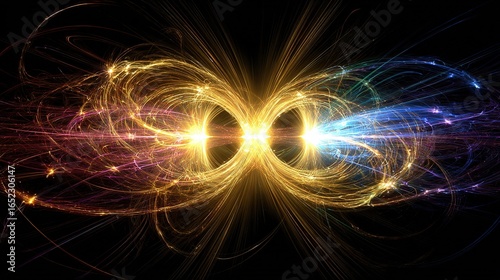 Two supermassive black holes in a cosmic dance, connected by energy streams across vast interstellar distance
