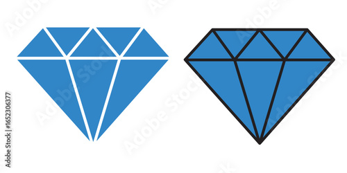 Two diamonds one outlined and one filled with shine lines emanating from the top corners design. Diamond crystal vector icon isolated on white background. Diamond vector icon. Gemstone symbol. 