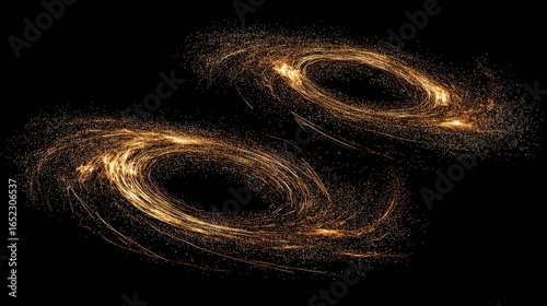 Two supermassive black holes in a cosmic dance, connected by energy streams across vast interstellar distance
