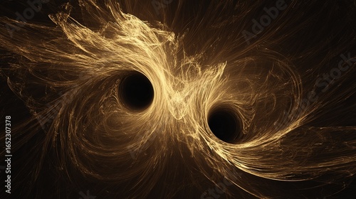 Two supermassive black holes in a cosmic dance, connected by energy streams across vast interstellar distance
