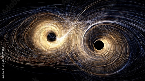 Two supermassive black holes in a cosmic dance, connected by energy streams across vast interstellar distance
