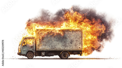 Delivery truck engulfed in vivid flames with thick black smoke rising, creating dramatic and intense scene of fire and destruction in photorealistic style