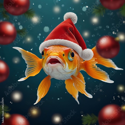 Goldfish with a Christmas hat on its head. Merry Christmas and New Year theme.