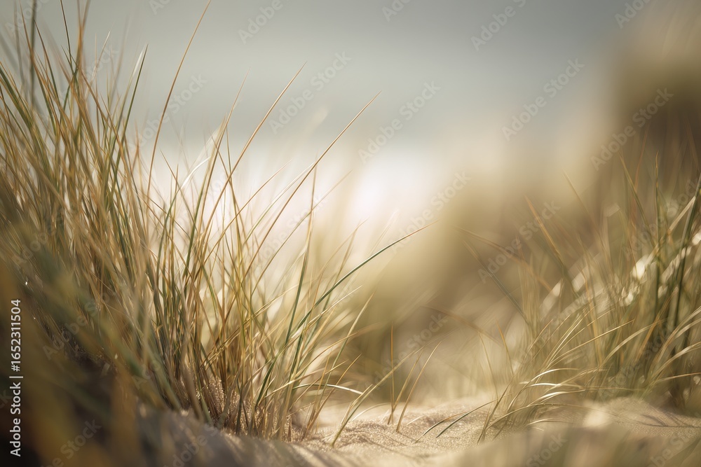 Fototapeta premium Close-Up View of Beach Grass Blades on Sandy Dune with Soft Focus