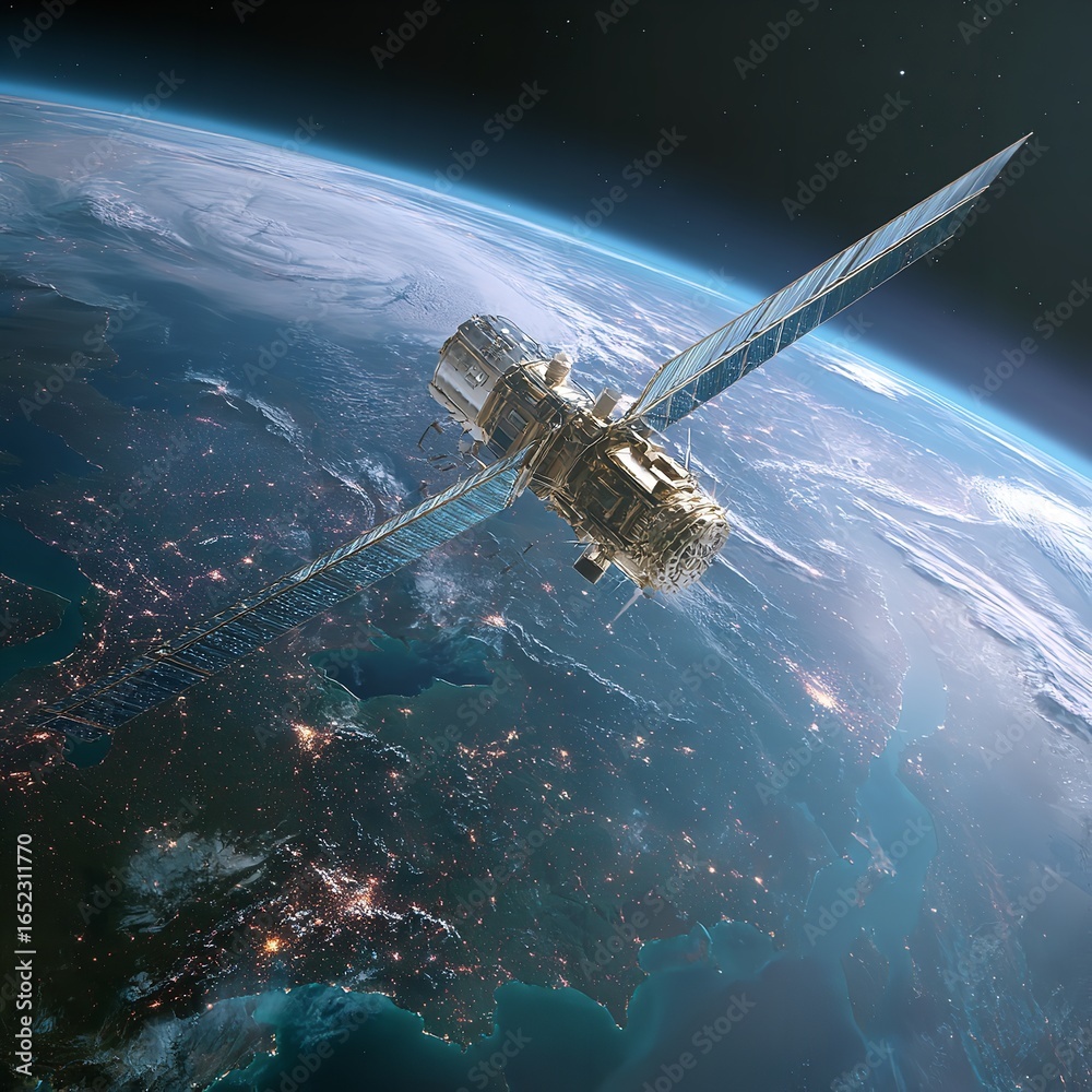 Fototapeta premium Advanced satellite orbits the Earth, capturing stunning views of continents at night.