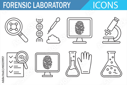 Forensic Laboratory Icon Set: Crime Scene Investigation, DNA, and Microscope