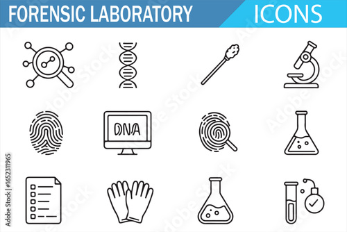 Forensic Science Icons: Magnifying Glass, DNA, Fingerprint, and Microscope