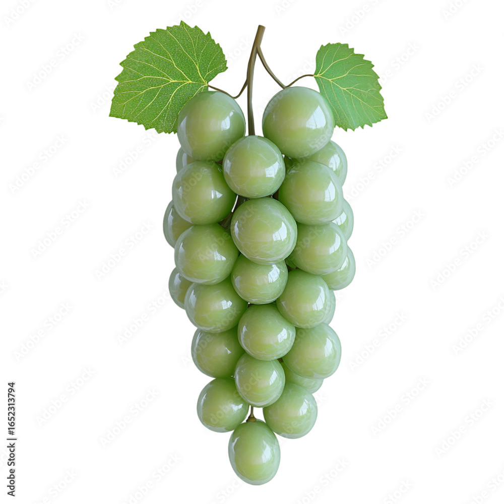 Obraz premium Vibrant cluster of green grapes with fresh leaves, perfect for food blogs, healthy eating, and culinary design projects