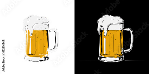 Beer mug filled with foam on transparent and black backgrounds, isolated vector image on transparent background, pencil drawing  