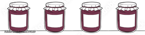 Four jars of jam with blank labels, seamless border on transparent background, isolated vector image, 