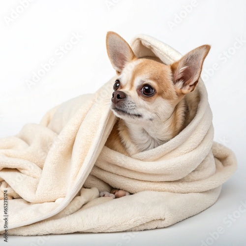 Chihuahua Wrapped in Blanket on White Background