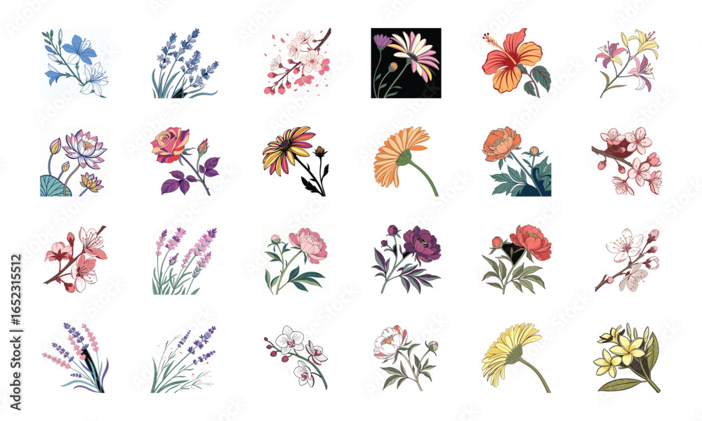 Fototapeta premium Set of 24 Beautiful Colorful Floral Illustrations Featuring Lavender, Lotus, Roses, Daisies, Gerbera, Hibiscus, Lilies, Peonies, Orchids, Cherry Blossoms, and Plumeria Flowers in Elegant Botanical Ar