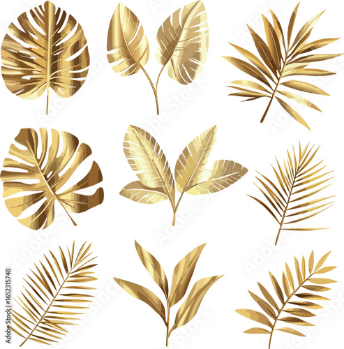 Collection of golden tropical palm leaves and foliage in watercolor style on white background
