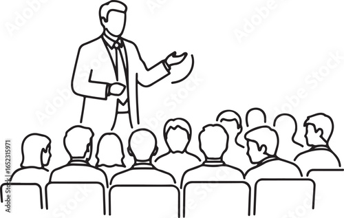 a minimalist line art silhouette of a teacher speaking to students