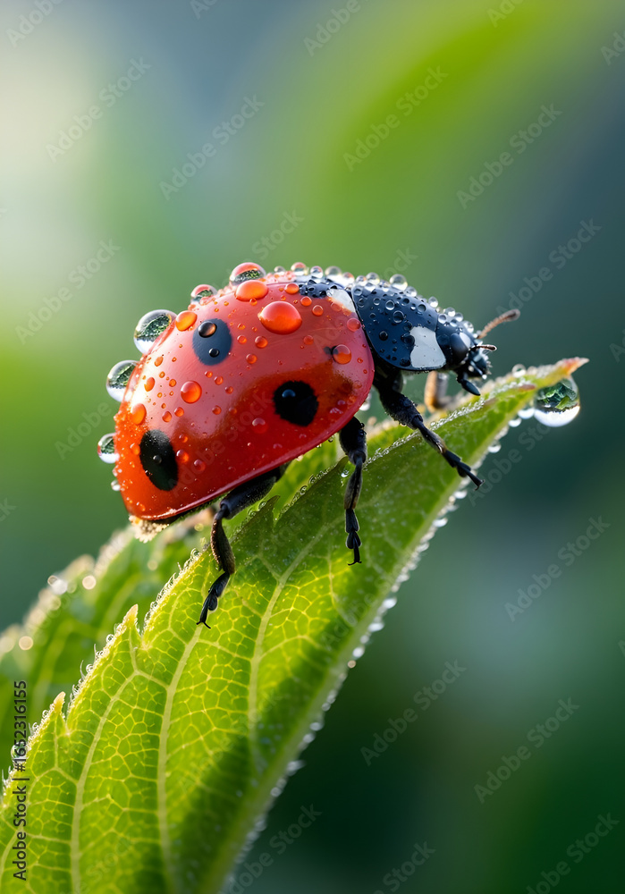 Fototapeta premium Vibrant ladybug glistening with morning dew perched on a fresh green leaf