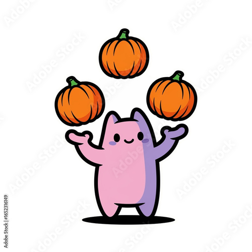 Cute Cartoon Cat Juggling Pumpkins on White Background