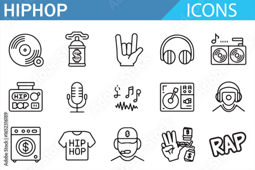 Music and Dance Icons for Hip Hop: DJ, Headphones, Microphone, and More