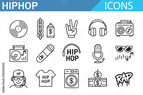 Urban Music Icons: DJ, Mic, Headphones, and More in Hip Hop Style