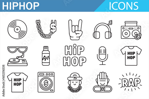A Set of Hip Hop Icons: DJ, Music, Headphones, Dollar, and Street Culture Symbols