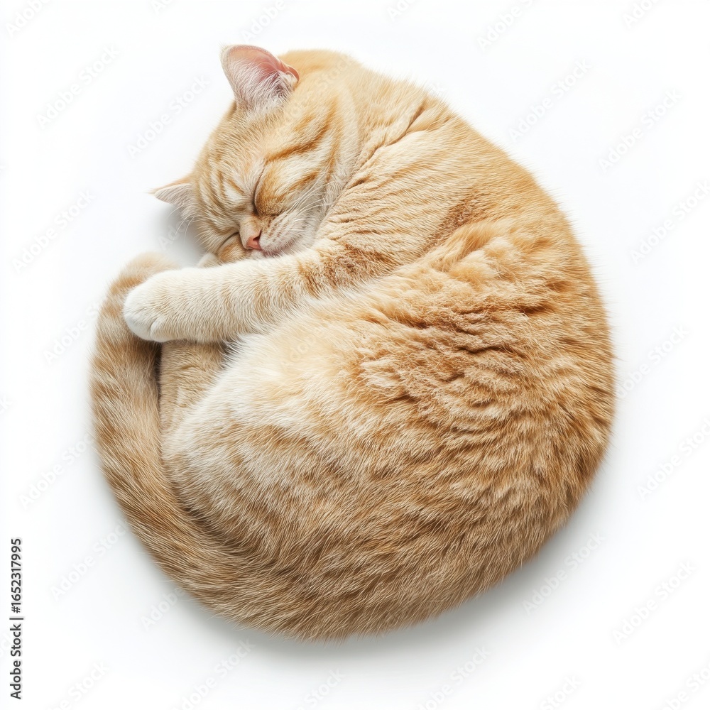 Fototapeta premium Fluffy Orange Cat Sleeping Curled Up On White Background